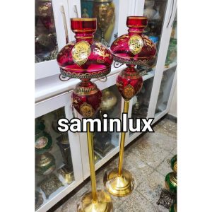 چراغ شمعدان لاله مذهبی ایستاده برنزی سلطنتی شش اسم مبارک هیئت