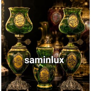 ست گلدان و چراغ شمعدان پایه برنزی مذهبی