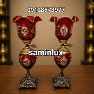 چراغ شمعدان لاله برنزی آنتیک گل رز قرمز لب چین