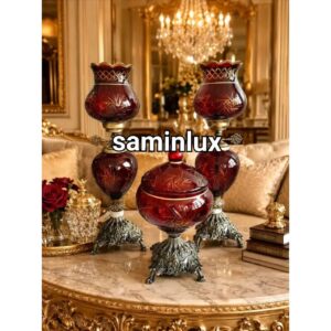چراغ شمعدان لاله برنزی آنتیک تراش کریستالی
