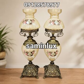 چراغ شمعدان لاله پایه برنزی آنتیک عسلی گلدار