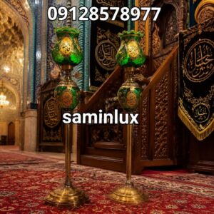چراغ شمعدان لاله مذهبی ایستاده برنزی سلطنتی شش اسم مبارک هیئت